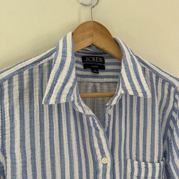 J Crew Gauze Blue White Striped Button Up Shirt Size 14 Coastal Resort Nautical - Picture 6 of 7